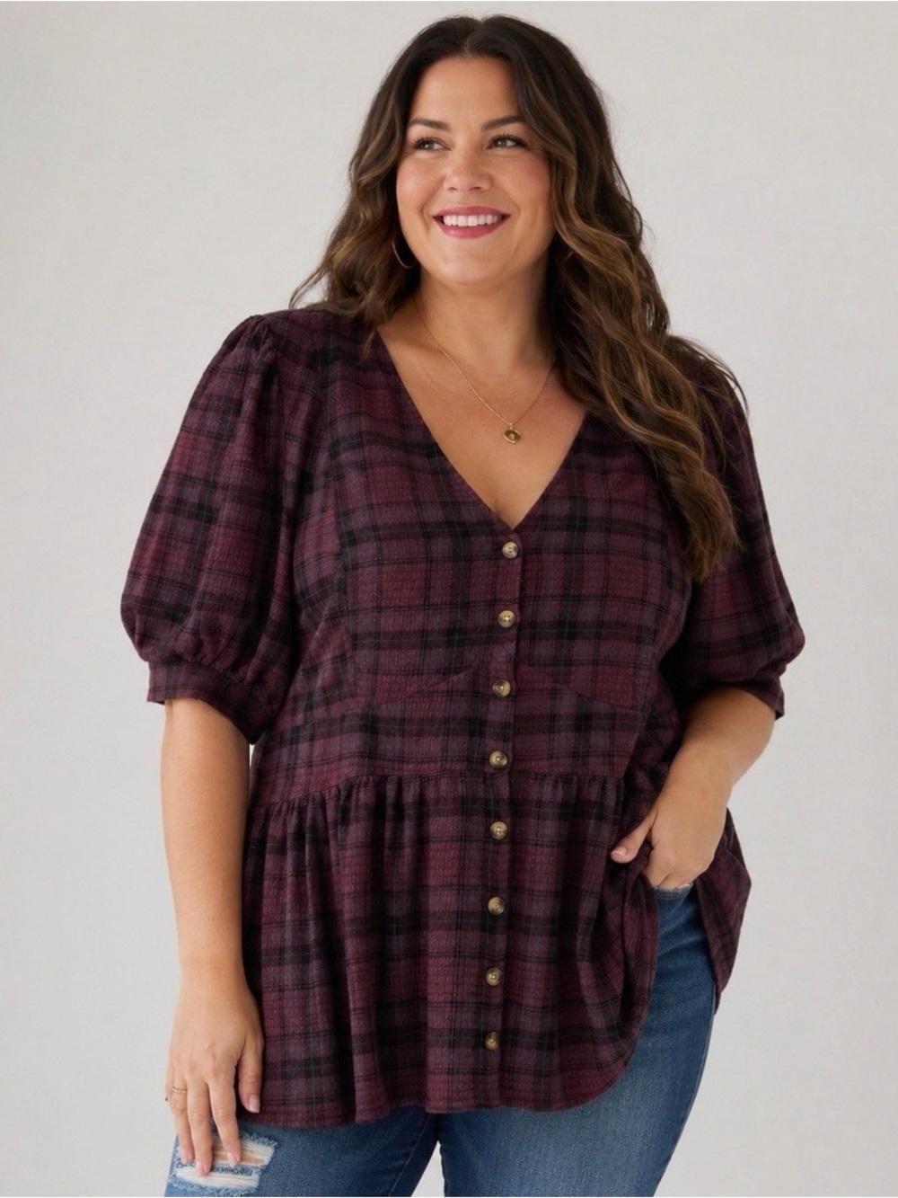 torrid Plum Plaid Button-Front Peplum Top
